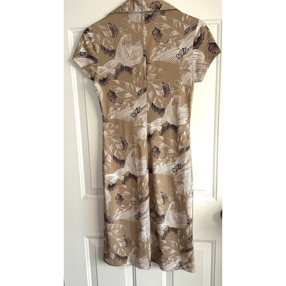 New York & Company Dress XS Tan Floral Leaf Short Sleeve Collared Midi - Picture 2 of 10